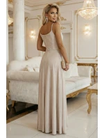 299-20 CHIARA Maxi šaty bez ramínek s obálkovým výstřihem a rozparkem na nohou - šampaňsko-béžové s třpytkami 299-20 CHIARA Maxi šaty bez ramínek s obálkovým výstřihem a rozparkem na nohou - šampaňsko-béžové s třpytkami