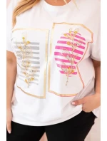 Dámská bavlněná halenka Plus Size s kamínky bílá + růžová