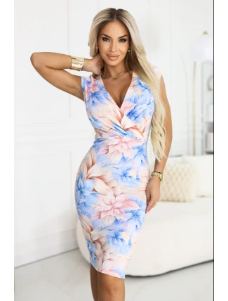 379-7 BOYKA Přiléhavé midi šaty s obálkovým výstřihem - modré a béžové květy