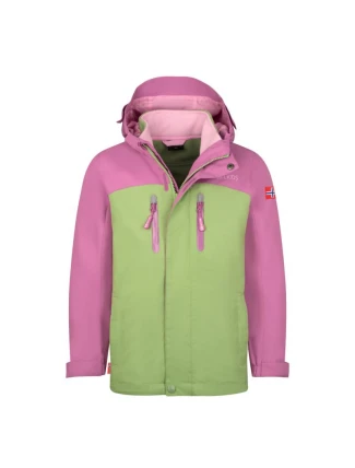 Trollkids Dívčí nepromokavá bunda Bryggen 3v1 slézově růžová/pistáciově zelená/divoká růže (419-242)