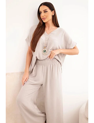 Komplet s náhrdelníkem halenka + kalhoty tmavě béžová Komplet s náhrdelníkem halenka + kalhoty tmavě béžová