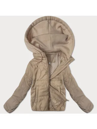 Krátká béžová dámská bunda s teplákovou kapucí J Style (16M9236-62)