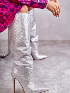 Módní kozačky na vysokém podpatku s kubickými zirkony stříbrne Lovisa