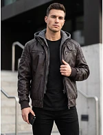Pánská kožená zateplená bunda s kapucí, hnědá, FashionStreet TX5136