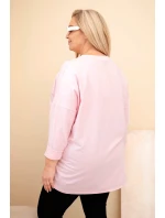 Dámská blůza Plus Size bavlněná s ohrnovacími rukávy a lampasem v leopardím vzoru cukrová růžová Dámská blůza Plus Size bavlněná s ohrnovacími rukávy a lampasem v leopardím vzoru cukrová růžová