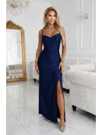 647-2 Přiléhavé dlouhé maxi šaty s obálkovým výstřihem a rozparkem - tmavě modré