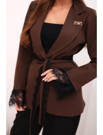 Dámská sako s páskem a krajkovým zakončením rukávů hnědá Dámská sako s páskem a krajkovým zakončením rukávů hnědá