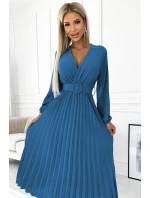 504-5 VIVIANA Plisované midi šaty se srdíčkovým výstřihem, dlouhými rukávy a širokým páskem - barva JEANS 504-5 VIVIANA Plisované midi šaty se srdíčkovým výstřihem, dlouhými rukávy a širokým páskem - barva JEANS