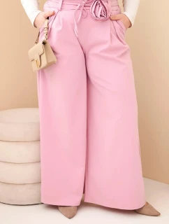 Dámské kalhoty Plus Size s širokou nohavicí a ozdobným květem v pase tmavě růžové