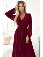 537-1 Plisované šifonové šaty s výstřihem, dlouhými rukávy a vázaným páskem - Bordeaux