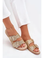 Lesklé zdobené pantofle s přezkami na plochém podpatku zlaté Tovira