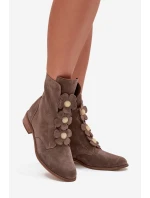 Semišové dámské kotníkové boty s ozdobnými květinami Zazoo 3085 tmavě béžové