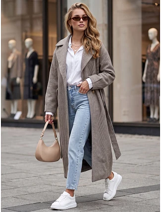 Dlouhý dámský kabát s páskem v přechodové sezóně, kávová barva, FashionStreet NY0774 Dlouhý dámský kabát s páskem v přechodové sezóně, kávová barva, FashionStreet NY0774