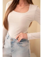 Dámská basic blůza se čtvercovým výstřihem a dlouhým rukávem béžová