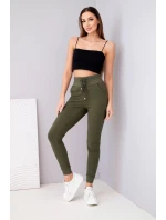 Dámské teplákové kalhoty s vysokým pasem a šňůrkou khaki