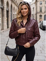 Dámská kožená bunda s kapucí, vínová, FashionStreet TY5855 Dámská kožená bunda s kapucí, vínová, FashionStreet TY5855
