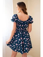 Dámské šaty s květinovým vzorem s nabíraným rukávem a elastickým pasem tmavě modré