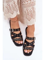 Zdobené Dámské Pantofle Na Plochém Podpatku S Pásky A Přezkou Černé Manitte