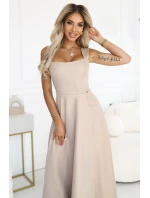 633-1 AURELIA dlouhé šaty s rozparkem a výstřihem typu caro - béžové s brokátem