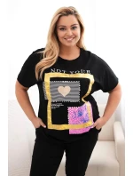 Dámská bavlněná halenka Plus Size se zlatým nápisem černá + žlutá