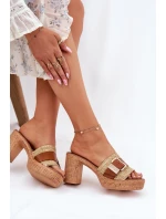 Kožené Dámské Sandály Na Podpatku S Přezkou A Pletením Hnědé Zazoo 40459