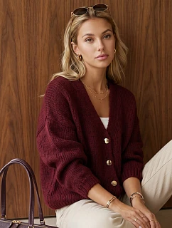 Dámský volný kardigan na knoflíky v bordó barvě FashionStreet MY2572