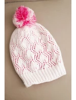 Dámská zimní čepice s vlnou v ozdobném pletení s bambulí K467 bílá + růžová