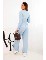 Dámský viskózový komplet s blůzkou a širokými kalhotami modrý