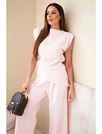 Komplet asymetrická halenka + kalhoty pudrově růžová