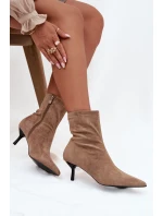 Zateplené dámské kotníkové boty na jehlovém podpatku eko semiš béžové Belisse
