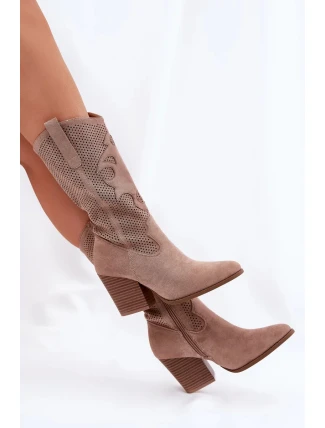 Dámské perforované kozačky ve stylu kovbojek na sloupkovém podpatku S.Barski – béžové, eko kůže