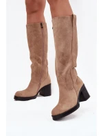 Dámské kozačky na podpatku LH-8 Béžová - JOIa shoes