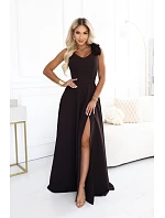643-10 Elegantní večerní maxi šaty s rozparkem a růžemi – čokoládově hnědé
