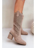Dámské perforované kozačky do poloviny lýtka ve stylu kovbojek S.Barski – béžové, eko kůže