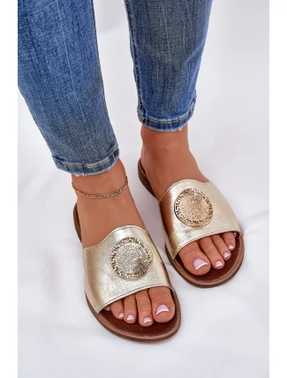 Zazoo 2938 Kožené Pantofle Na Plochém Podpatku S Ozdobou Zlaté