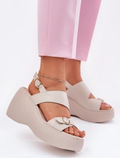 Kožené Dámské Sandály Na Klínku A Platformě S.Barski LR51-540 Béžové