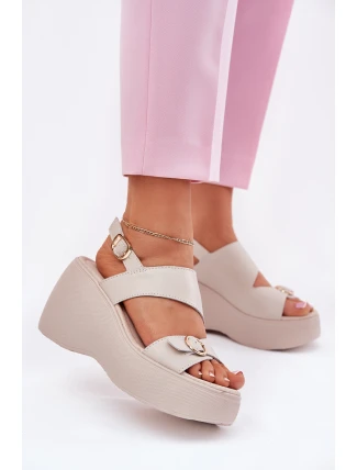 Kožené Dámské Sandály Na Klínku A Platformě S.Barski LR51-540 Béžové