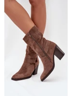 Dámské boty zateplené na podpatku s pásky a ozdobným detailem hnědé Neria