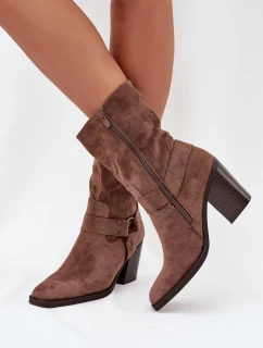 Dámské boty zateplené na podpatku s pásky a ozdobným detailem hnědé Neria