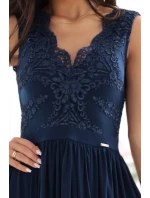 215-6 LEA dlouhé elegantní maxi šaty s krajkovým vrškem a rozparkem na nohou - tmavě modré