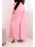 Dámské elegantní kalhoty s širokou nohavicí a ozdobným květem cukrově růžový