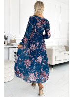 Světle modré květované dlouhé dámské plisované šifonové šaty s výstřihem, dlouhými rukávy a páskem 519-3