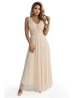 637-4 Dlouhé maxi šaty s brokátovými třpytkami a hlubokým výstřihem - šampaňsko-béžové