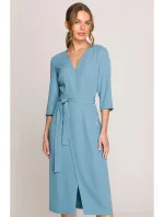 S396 Šaty se zavinovacími detaily ve střední délce - nebesky modré