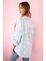 Lněná dámská halenka s květinovým vzorem, dlouhými rukávy a knoflíky Modrá