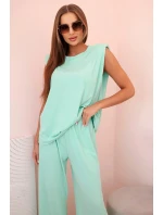 Dámský komplet z viskózy bez rukávů a rovnými kalhotami mátový