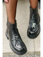 Kožené Kotníkové Boty Na Plochém Podpatku S Dekorací Zateplené Černé Asperra