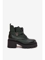 Dámské botky Zazoo – kožené, na blokovém podpatku s ozdobným páskem, tmavě zelené Dámské botky Zazoo – kožené, na blokovém podpatku s ozdobným páskem, tmavě zelené
