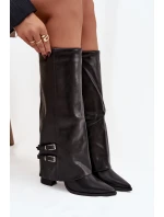 Dámské kotníkové boty Jessae na sloupkovém podpatku se zahnutou manžetou a sponami – černé