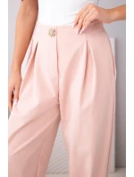 Dámské bavlněné kalhoty s vysokým pasem a ozdobným knoflíkem tmavě pudrově růžové
